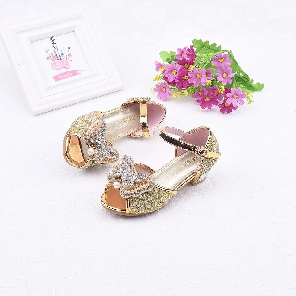 Girls Sandals Crystal Pearl Dress Shoes Princess High Heels Party Wedding Flower Girls Shoes for Kid Toddler 4-12Years (Gold-02A#, 4.5-5Years)