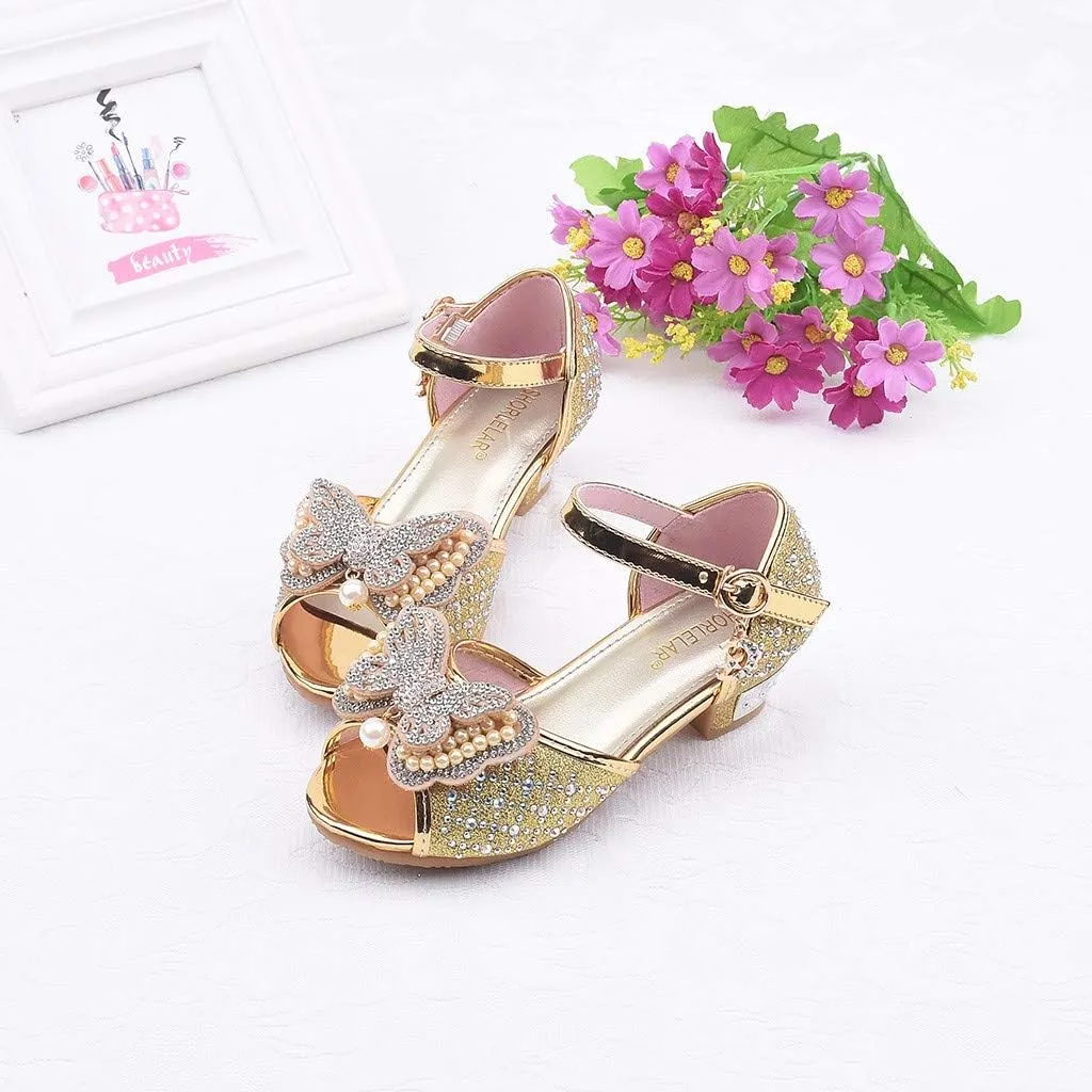 Girls Sandals Crystal Pearl Dress Shoes Princess High Heels Party Wedding Flower Girls Shoes for Kid Toddler 4-12Years (Gold-02A#, 4.5-5Years)