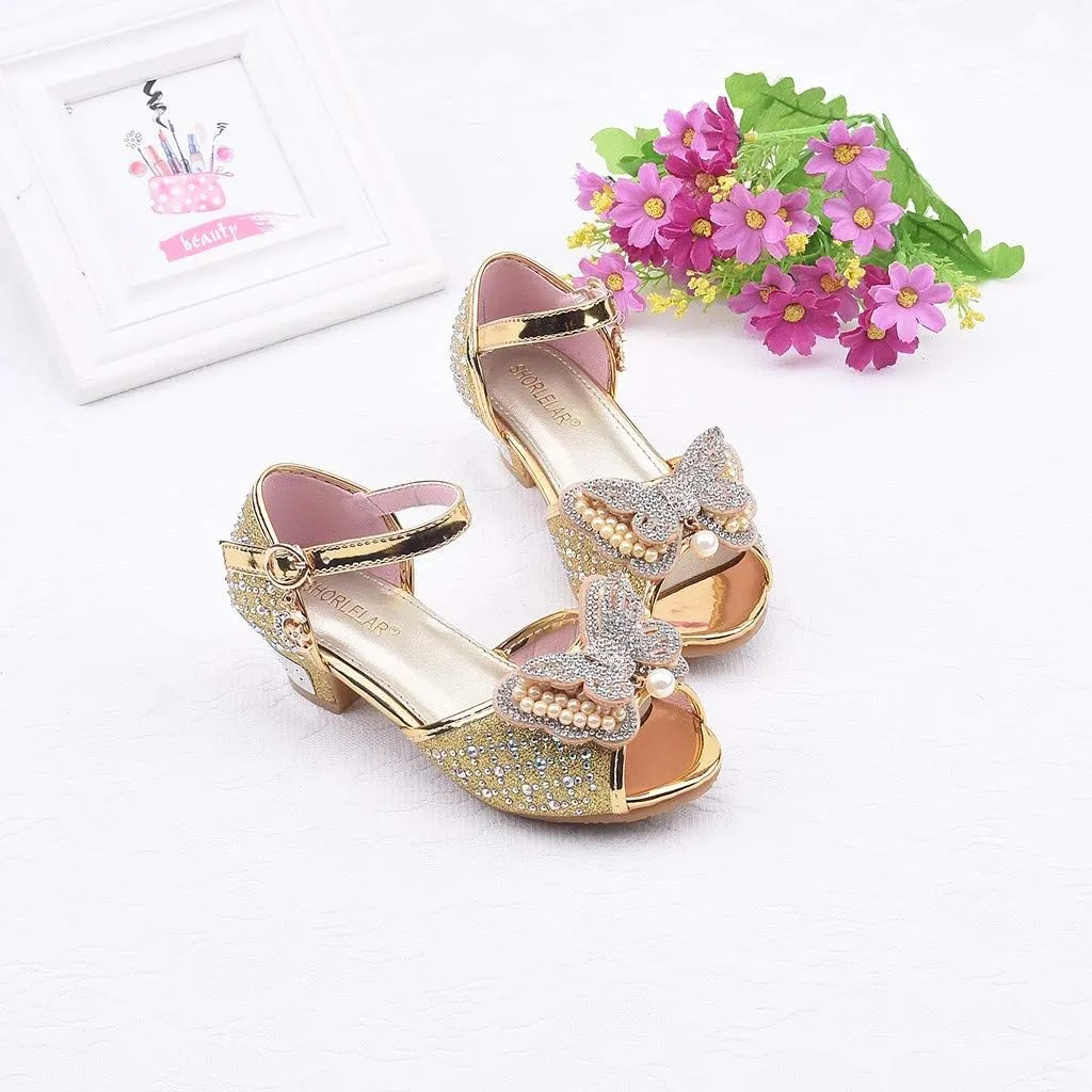 Girls Sandals Crystal Pearl Dress Shoes Princess High Heels Party Wedding Flower Girls Shoes for Kid Toddler 4-12Years (Gold-02A#, 4.5-5Years)