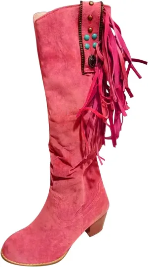Hiking Boots Women Casual Hot Pink Square Heel Thigh High Boots Tassel Knee High Boots Suede Tall Boots