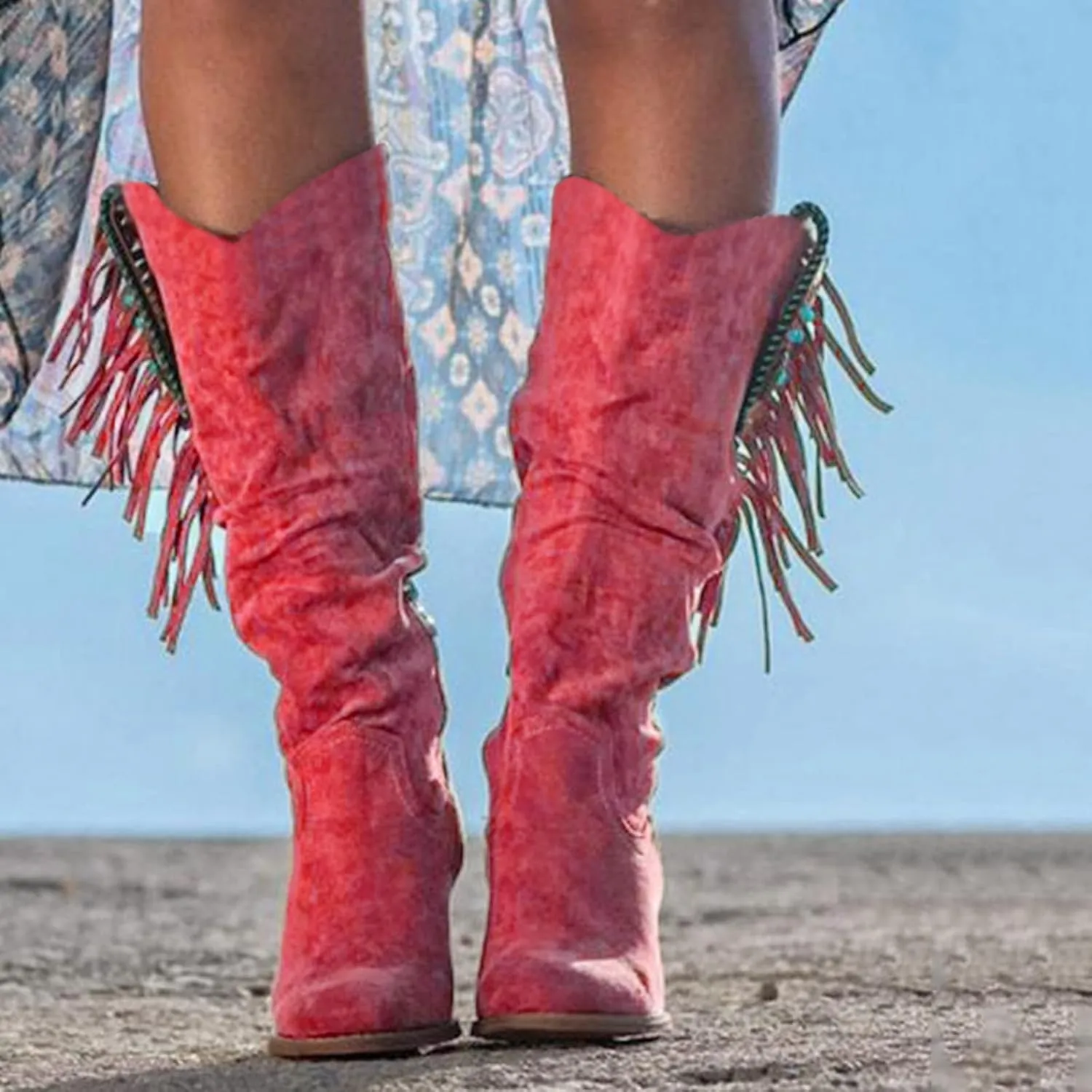 Hiking Boots Women Casual Hot Pink Square Heel Thigh High Boots Tassel Knee High Boots Suede Tall Boots