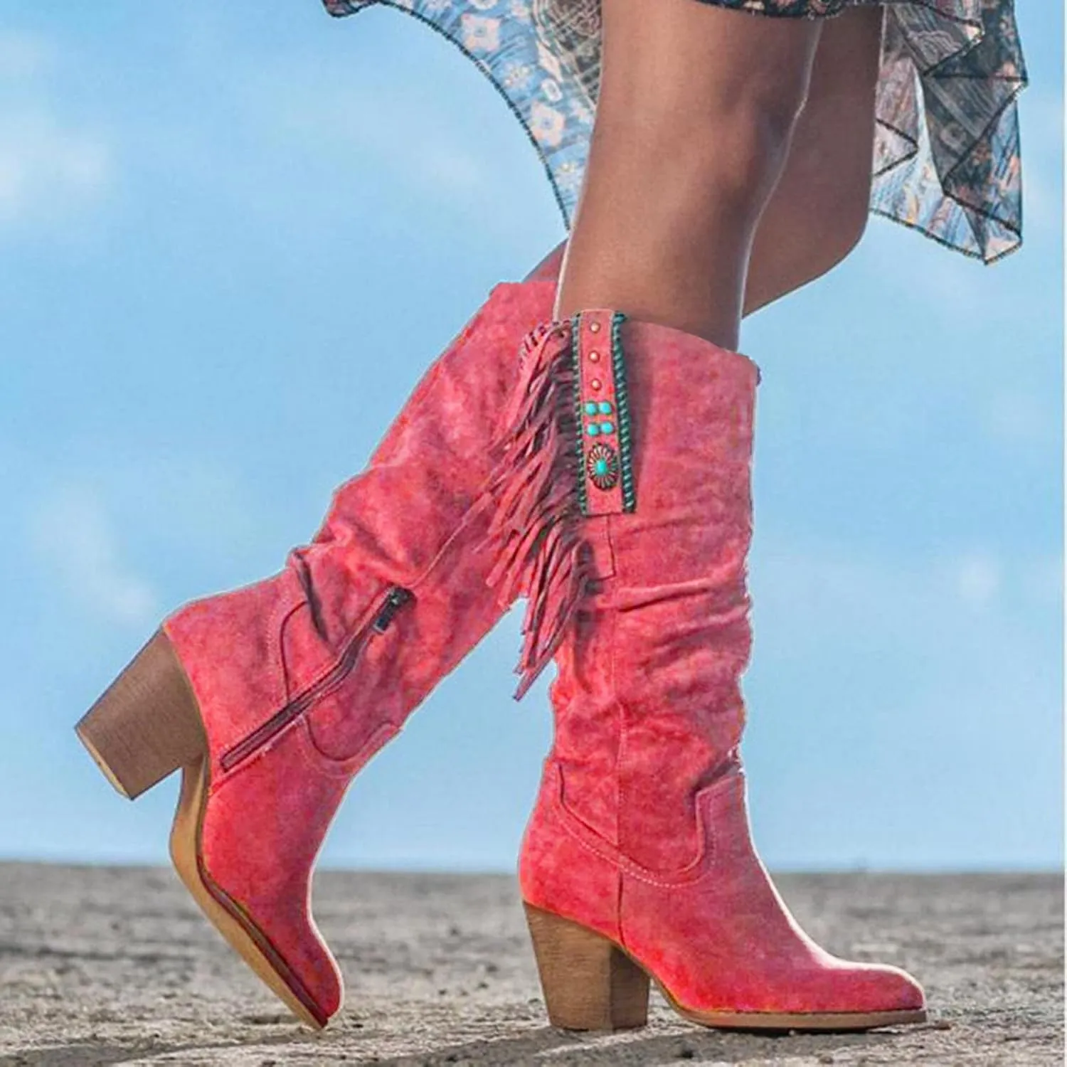 Hiking Boots Women Casual Hot Pink Square Heel Thigh High Boots Tassel Knee High Boots Suede Tall Boots