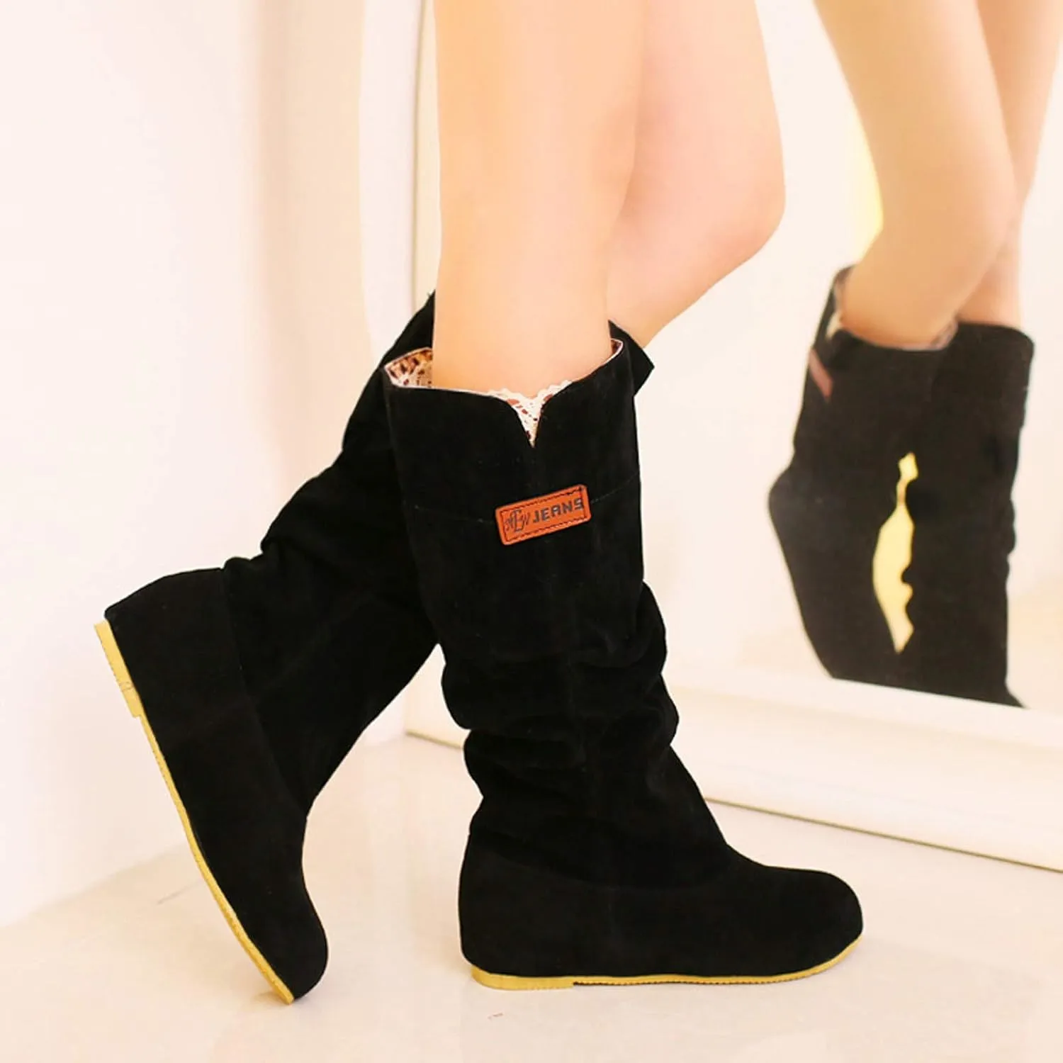 Hiking Boots Women Pull On Flat Thigh High Boots Suede Mid-Calf Knee High Boots Fall Work Tall Long Bootie