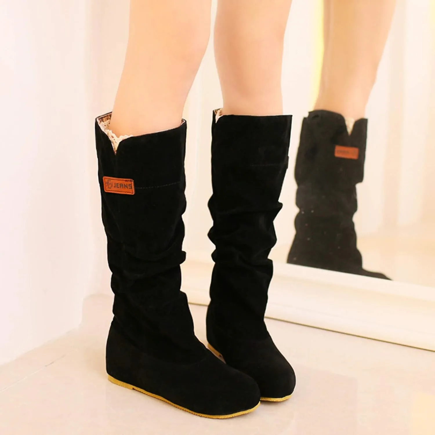 Hiking Boots Women Pull On Flat Thigh High Boots Suede Mid-Calf Knee High Boots Fall Work Tall Long Bootie