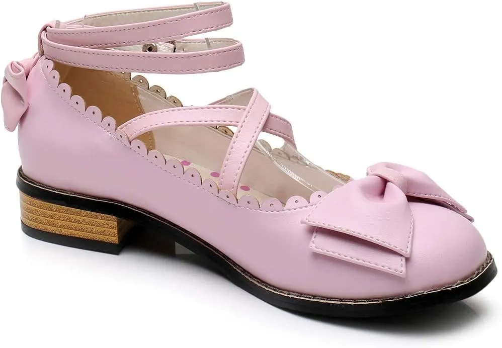 Japanese Sweet Lolita Low Chunky Heels Round Toe Bowtie Strappy Princess Shoes