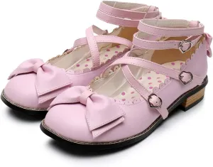 Japanese Sweet Lolita Low Chunky Heels Round Toe Bowtie Strappy Princess Shoes