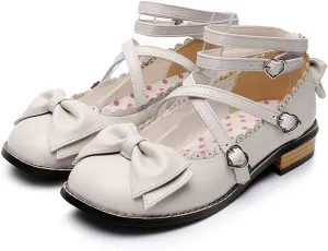 Japanese Sweet Lolita Low Chunky Heels Round Toe Bowtie Strappy Princess Shoes