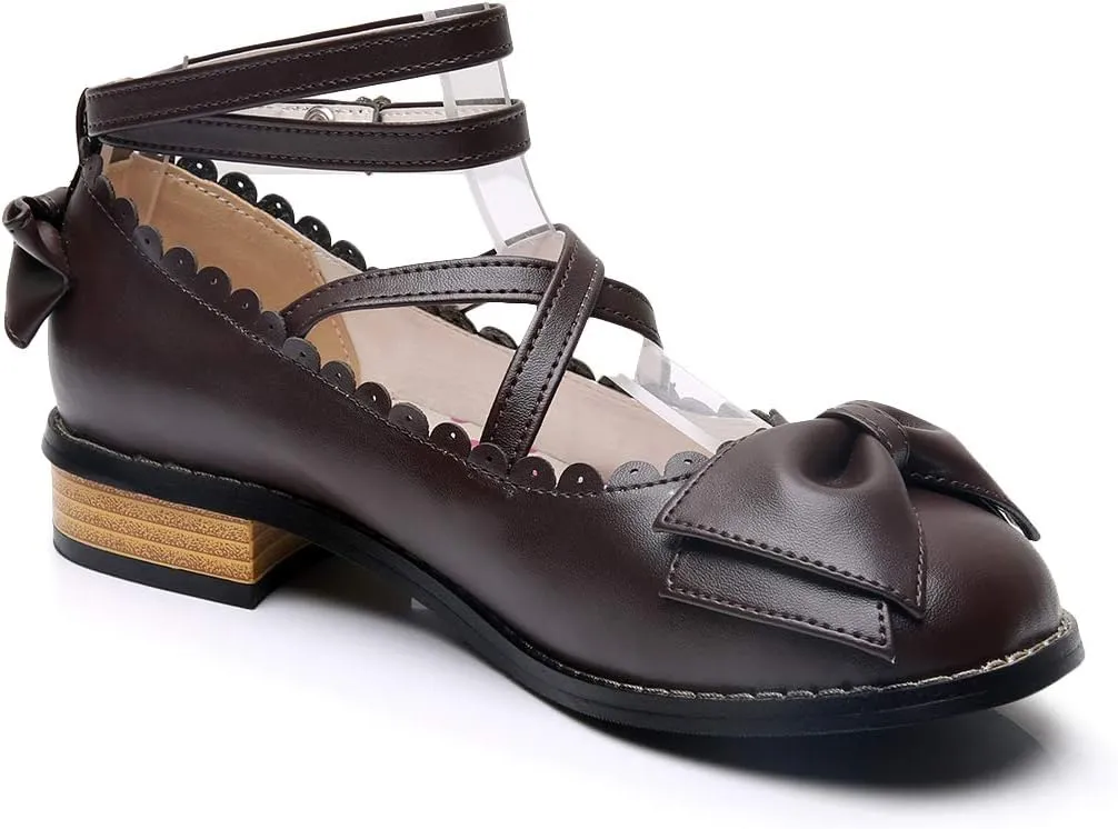 Japanese Sweet Lolita Low Chunky Heels Round Toe Bowtie Strappy Princess Shoes