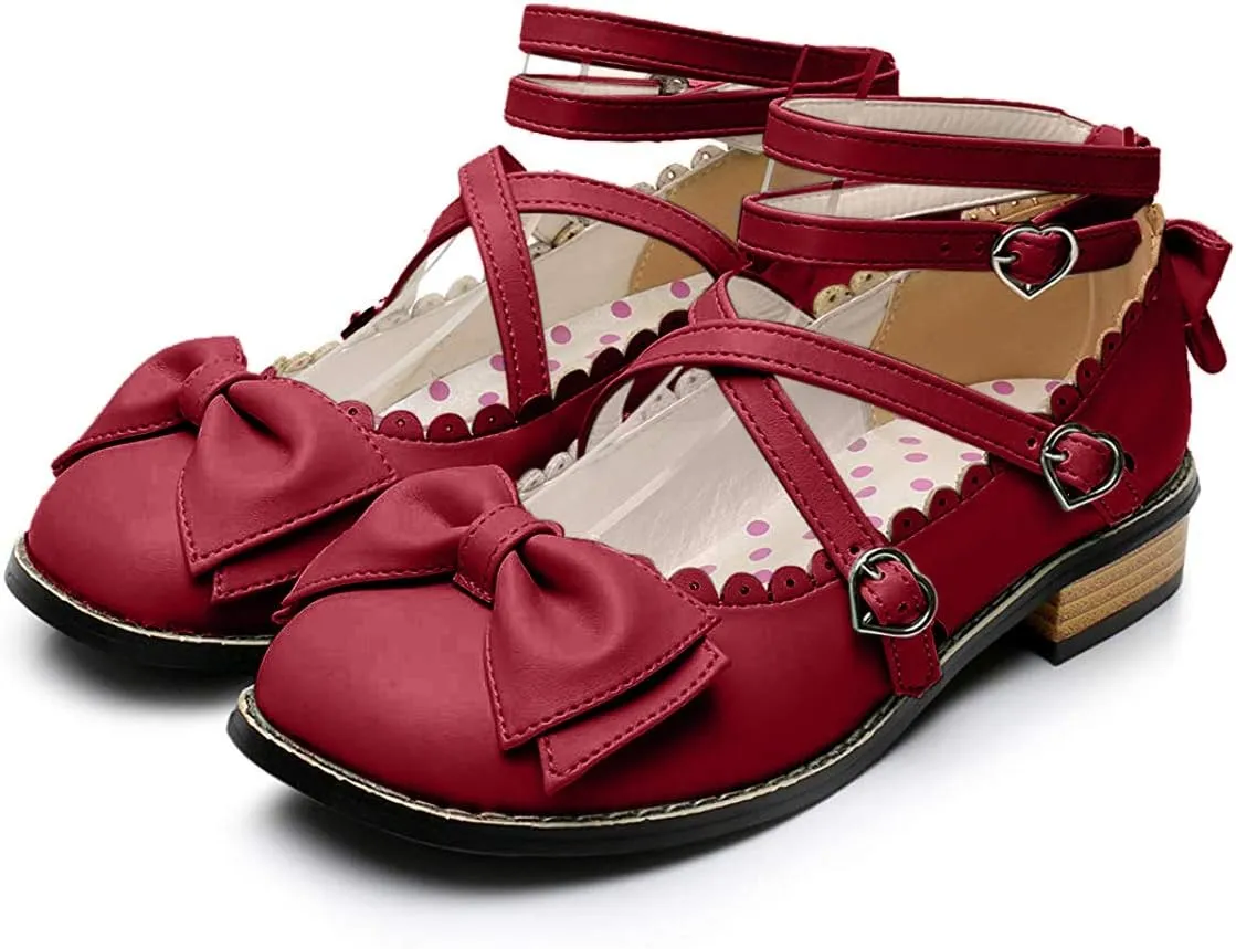 Japanese Sweet Lolita Low Chunky Heels Round Toe Bowtie Strappy Princess Shoes