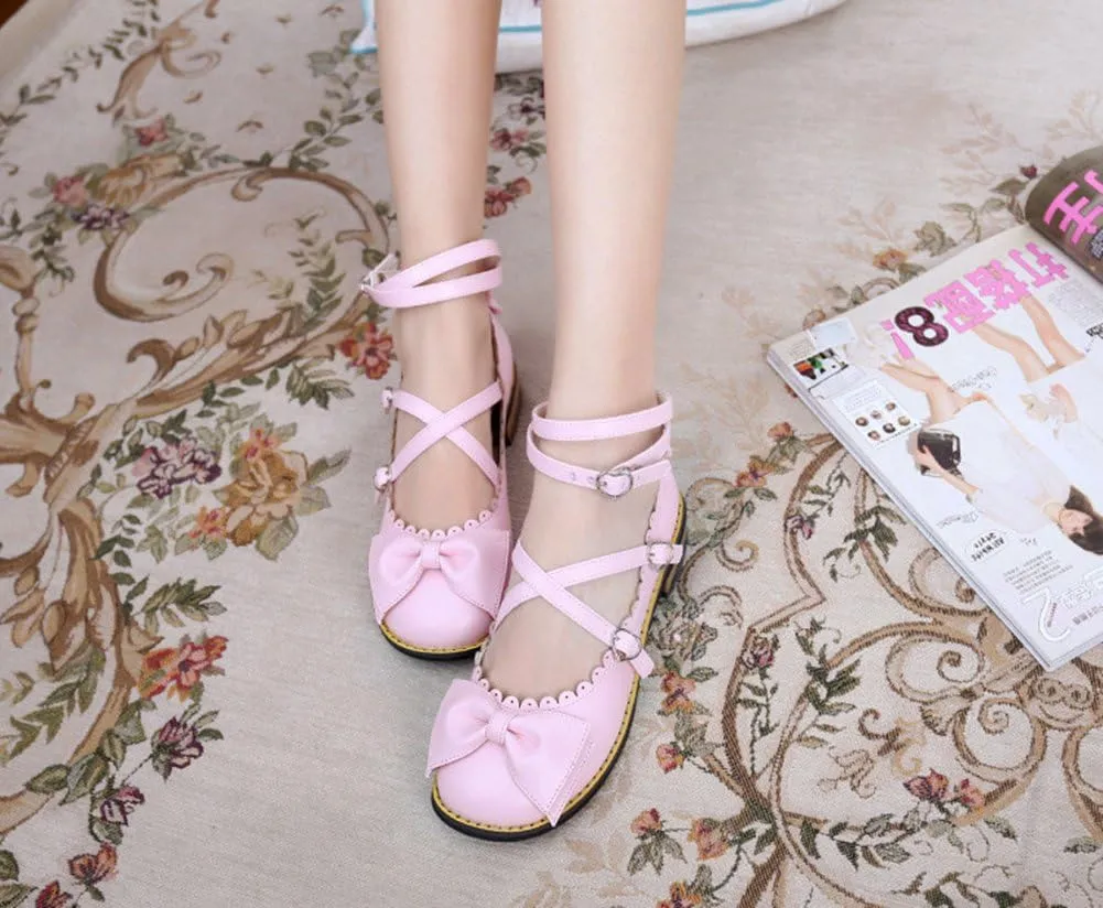 Japanese Sweet Lolita Low Chunky Heels Round Toe Bowtie Strappy Princess Shoes