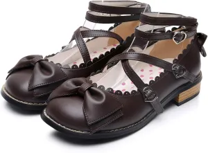 Japanese Sweet Lolita Low Chunky Heels Round Toe Bowtie Strappy Princess Shoes