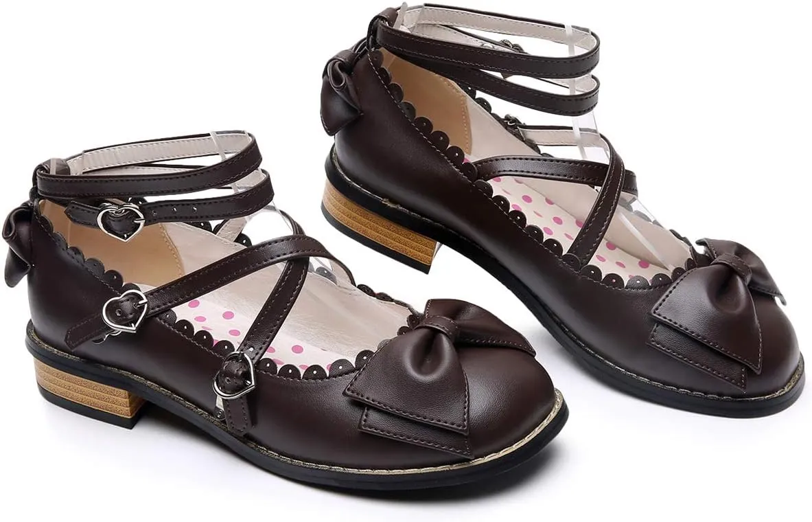 Japanese Sweet Lolita Low Chunky Heels Round Toe Bowtie Strappy Princess Shoes