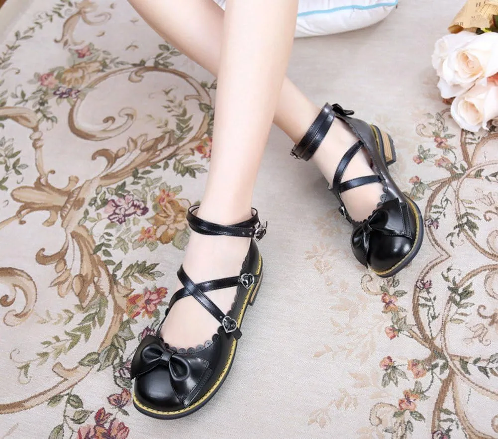 Japanese Sweet Lolita Low Chunky Heels Round Toe Bowtie Strappy Princess Shoes