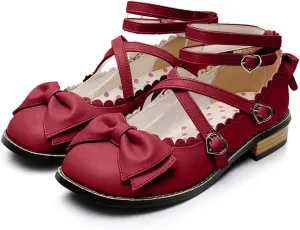 Japanese Sweet Lolita Low Chunky Heels Round Toe Bowtie Strappy Princess Shoes