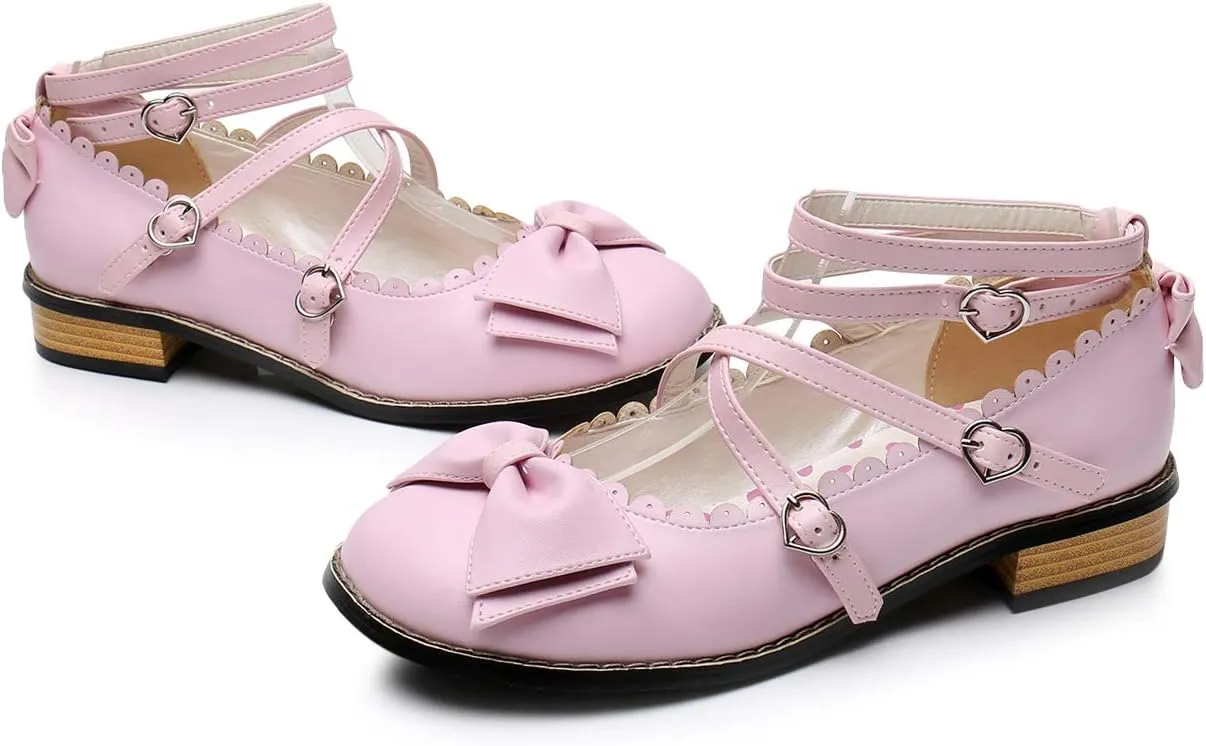 Japanese Sweet Lolita Low Chunky Heels Round Toe Bowtie Strappy Princess Shoes