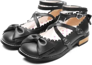 Japanese Sweet Lolita Low Chunky Heels Round Toe Bowtie Strappy Princess Shoes