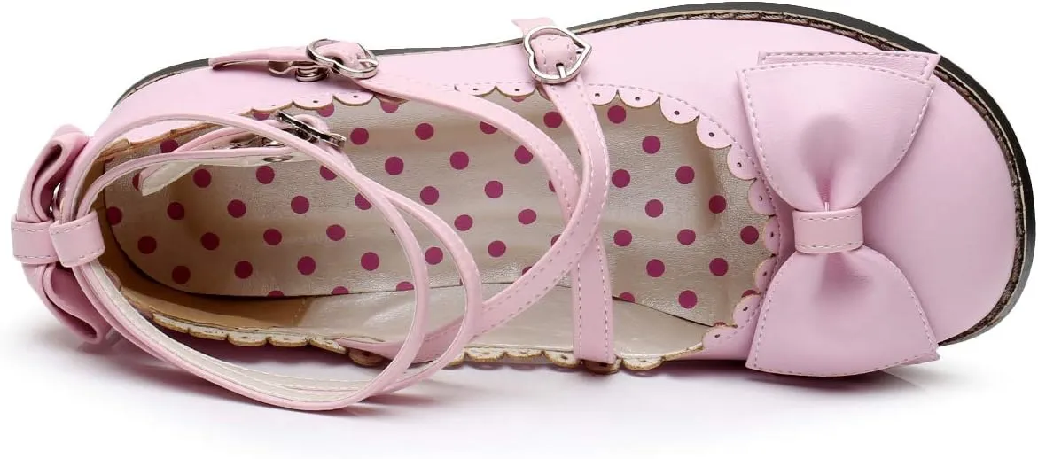 Japanese Sweet Lolita Low Chunky Heels Round Toe Bowtie Strappy Princess Shoes