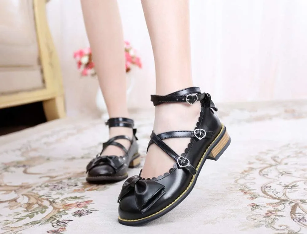 Japanese Sweet Lolita Low Chunky Heels Round Toe Bowtie Strappy Princess Shoes