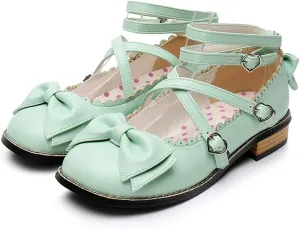 Japanese Sweet Lolita Low Chunky Heels Round Toe Bowtie Strappy Princess Shoes