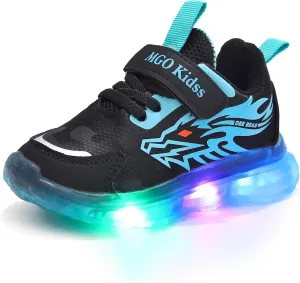 Kids LED Light Up Sneakers - Breathable & Sporty Casual Shoes for Boys with Adjustable Strap, Flashing Lights for Toddlers & Little Kids Blue, Orange, Purple(Blue,5 Big Kid)