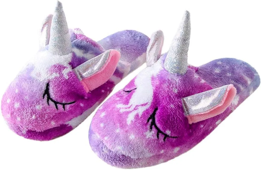 Kids Unicorn Fuzzy Slippers with Anti-Slip Soles for Boys Girls