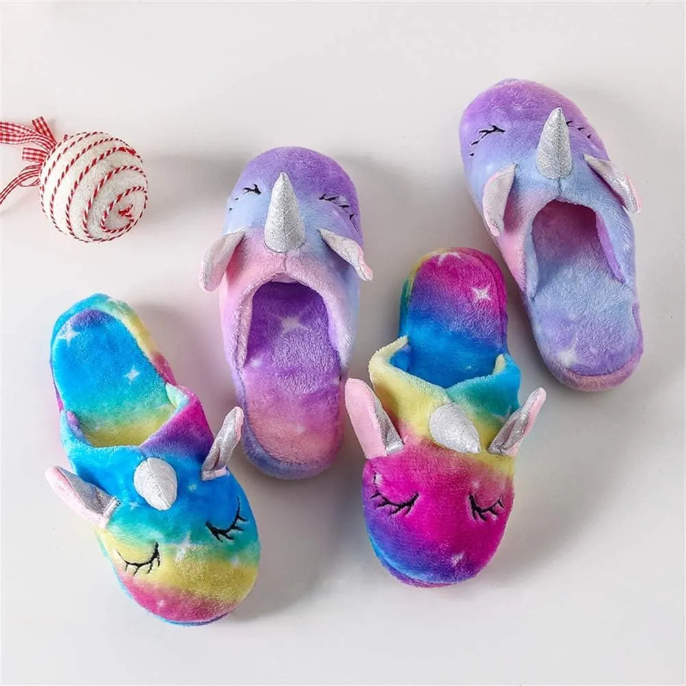Kids Unicorn Fuzzy Slippers with Anti-Slip Soles for Boys Girls