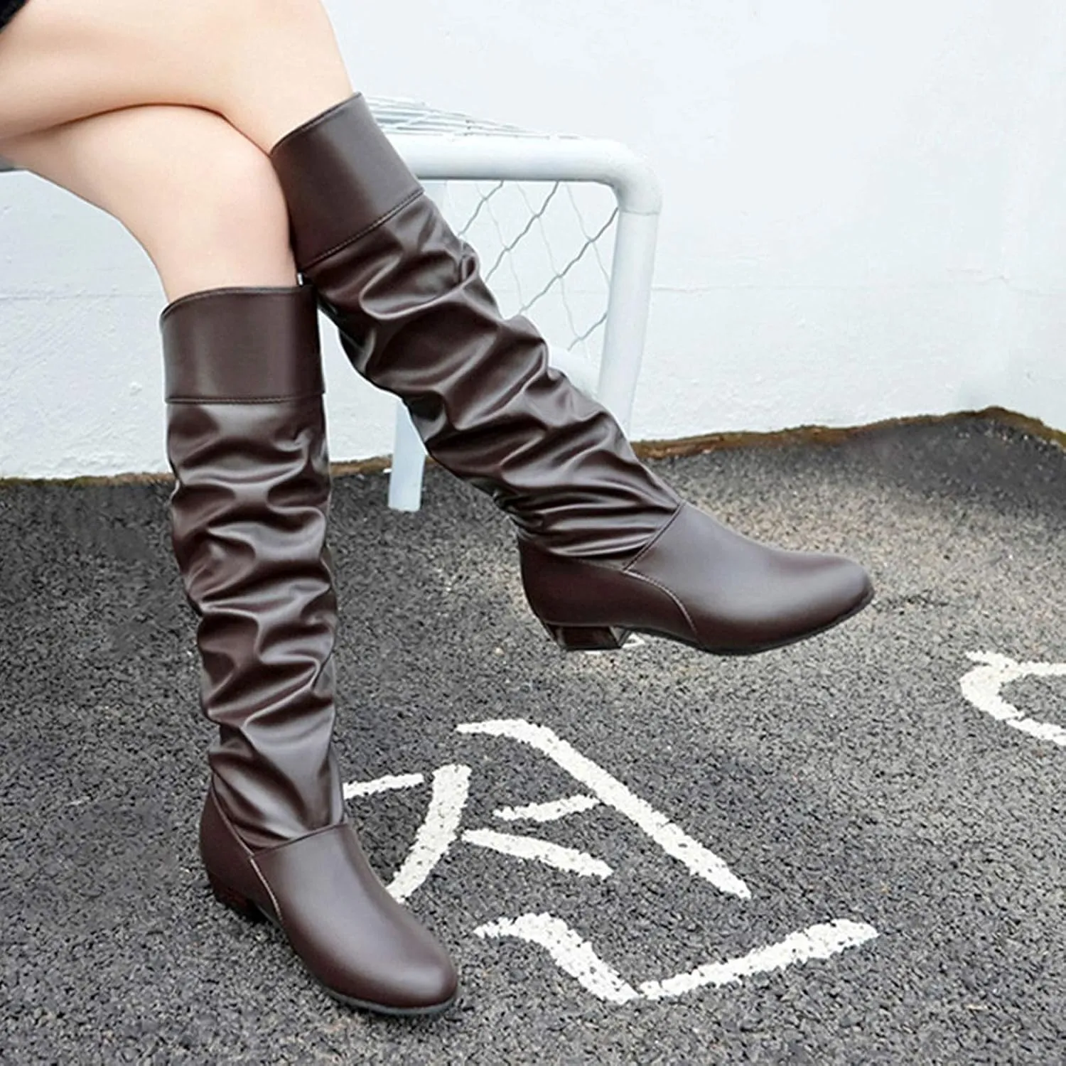 Knee High Boots Women Chunky Heel Round Toe Tall Boots High Heel Side Zipper Long Boots Office Dress Tall Boots