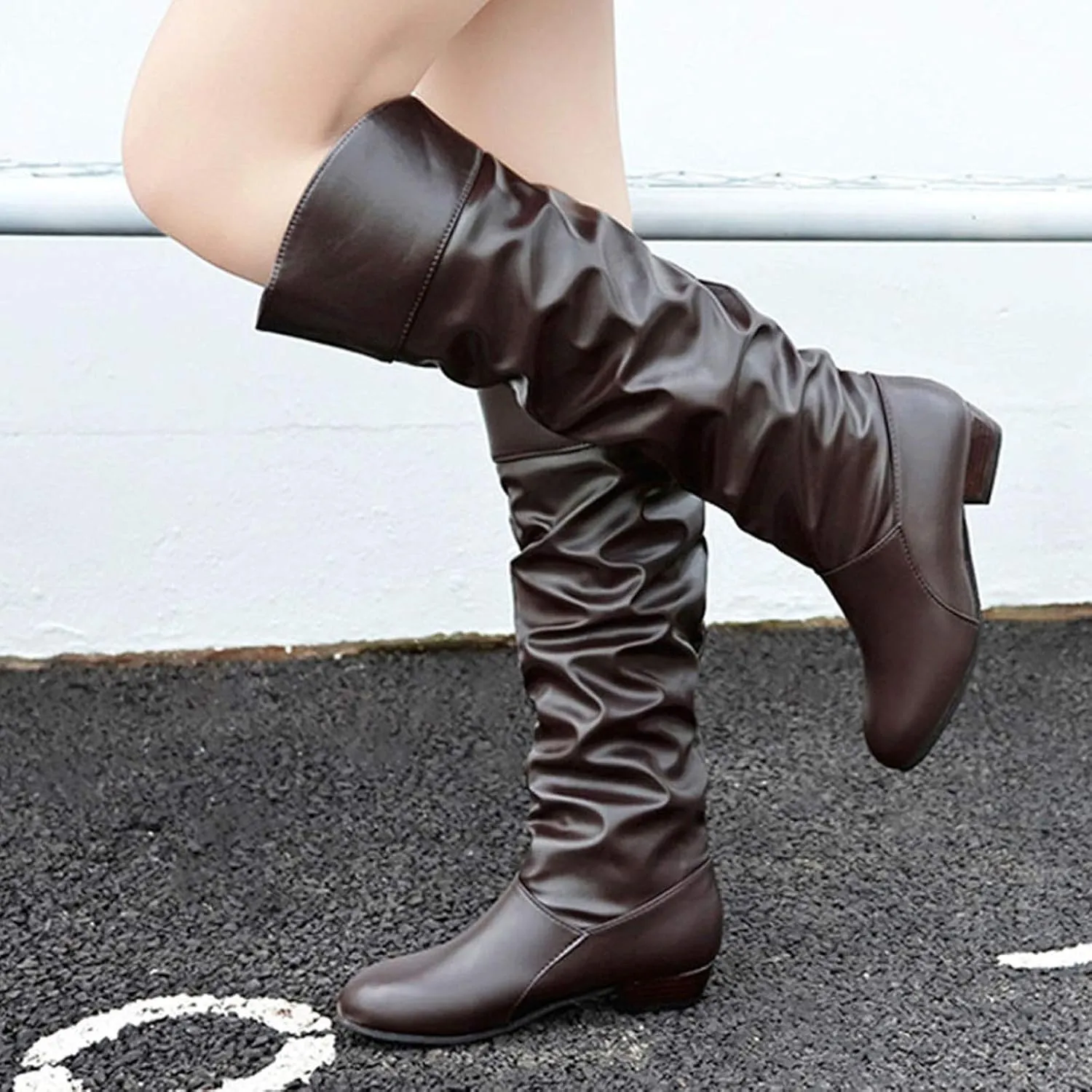 Knee High Boots Women Chunky Heel Round Toe Tall Boots High Heel Side Zipper Long Boots Office Dress Tall Boots