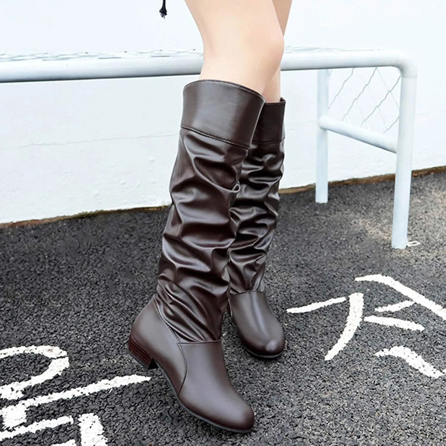 Knee High Boots Women Chunky Heel Round Toe Tall Boots High Heel Side Zipper Long Boots Office Dress Tall Boots