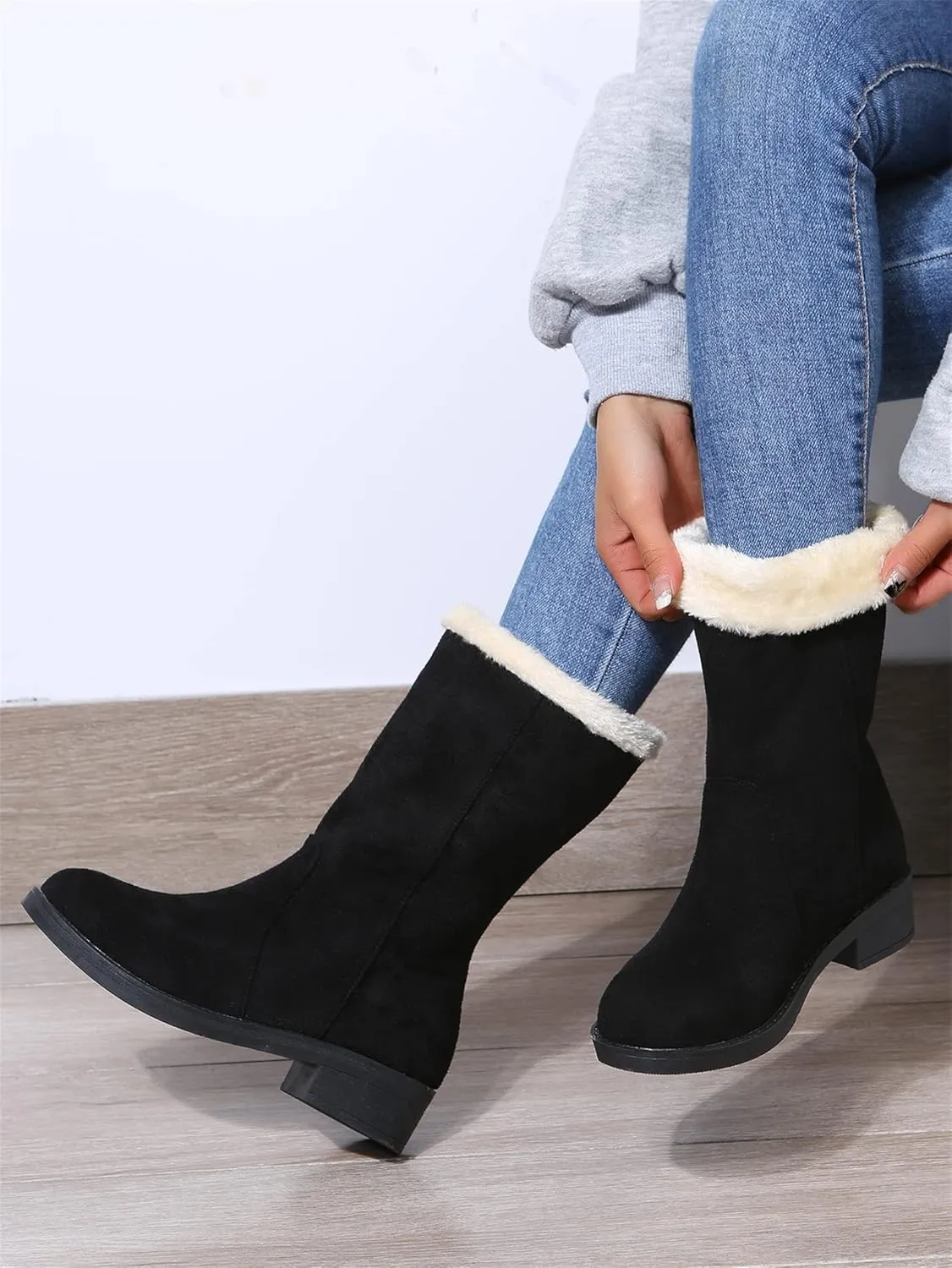 Ladmiple Snow Boots For Women Tall Mid Calf Casual Warm Shoes Faux Fur-Lined Comfortable Lightweight Outdoor Winter Boots