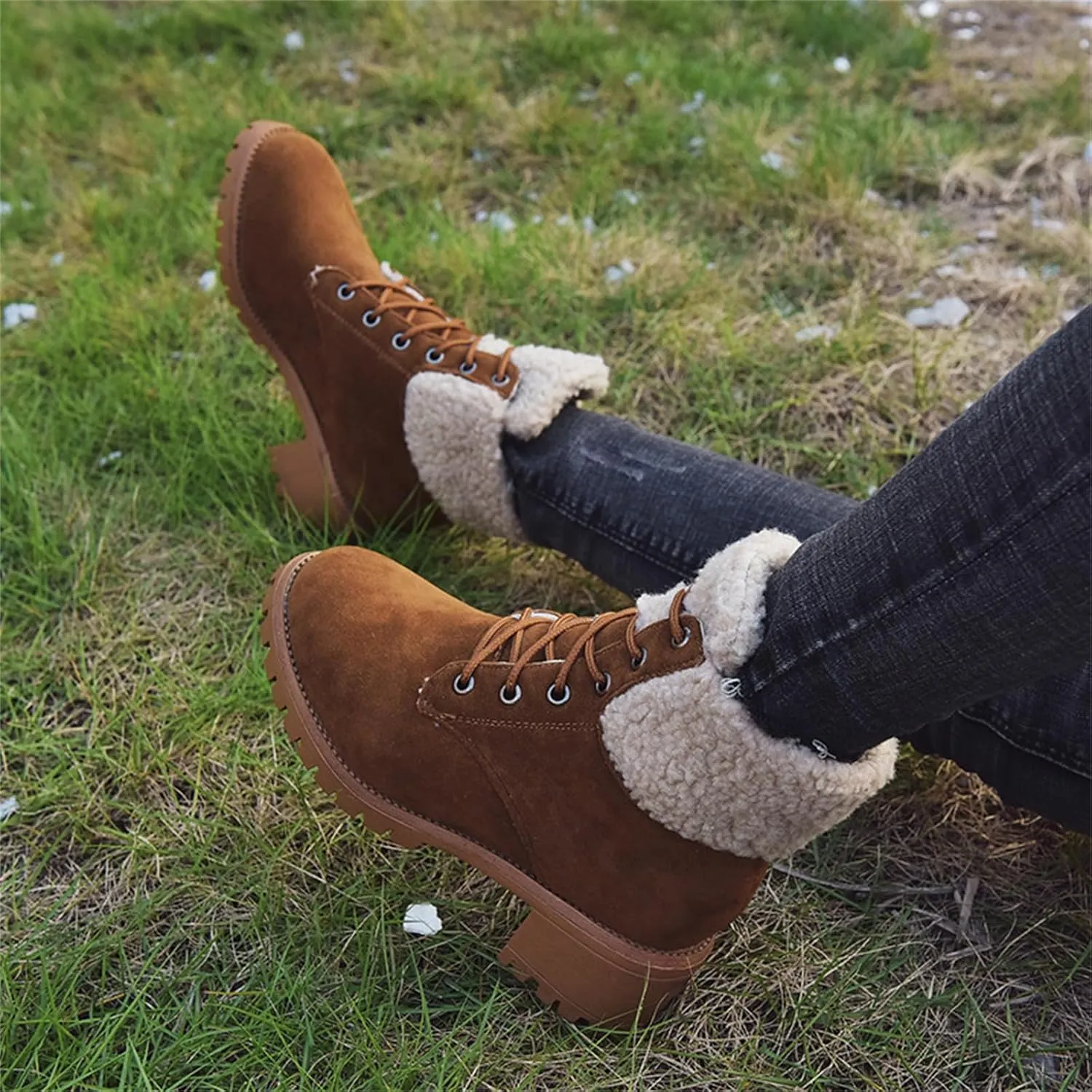 Ladmiple Snow Boots For Women Wide Width Casual Lace Up Warm Loafers Shoes Faux Fur-Lined Comfort Winter Ankle Booties