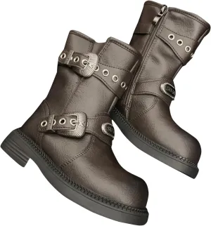 Leather aterproof Boots For Girls Kids Side Zipper Soft Sole ow Heel Shoes Little Kid Mid Length Cowboy Booties