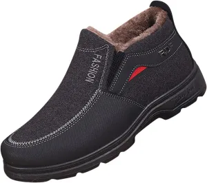 Leather Warm Fu Lined Slip On Snow Boots Winter Walking Shoes Low Top Anti-Slip Outdoor Ankle Boots Casual Shoes