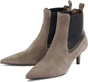 LEHOOR Women Kitten Heel Elastic Chelsea Ankle Boots Pointed Toe Pull On Low Heel Stretchy Suede Leather Short Combat Boots Two Tone Vintage Dress Boot Elegant Comfortable Fall Winter Shoes 4-11 M US