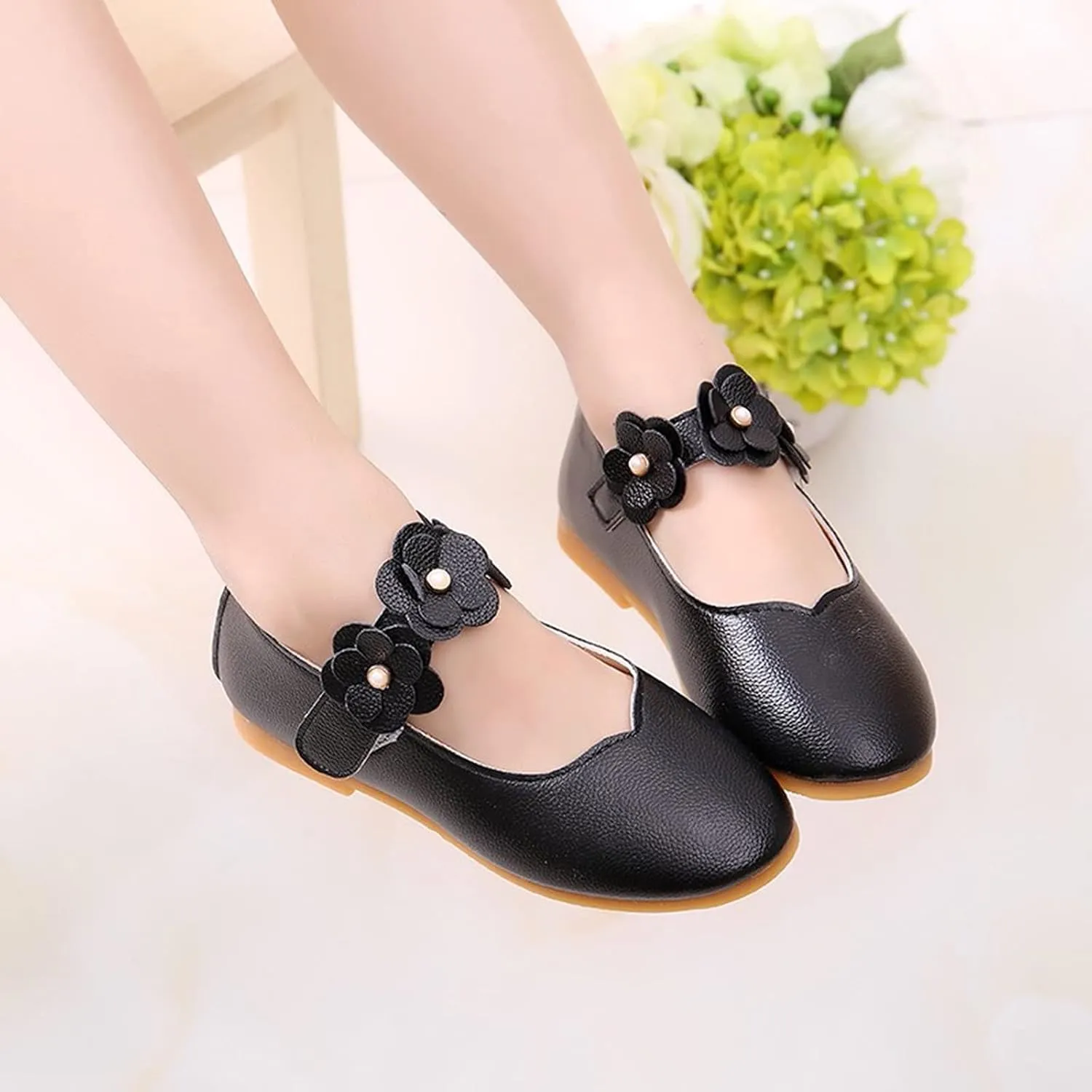 Little Girls Dress Shoes Closed Toe Wedding Party School Ankle Strap Ballet Flats Shoes Big Kids Flower Girl Shoes