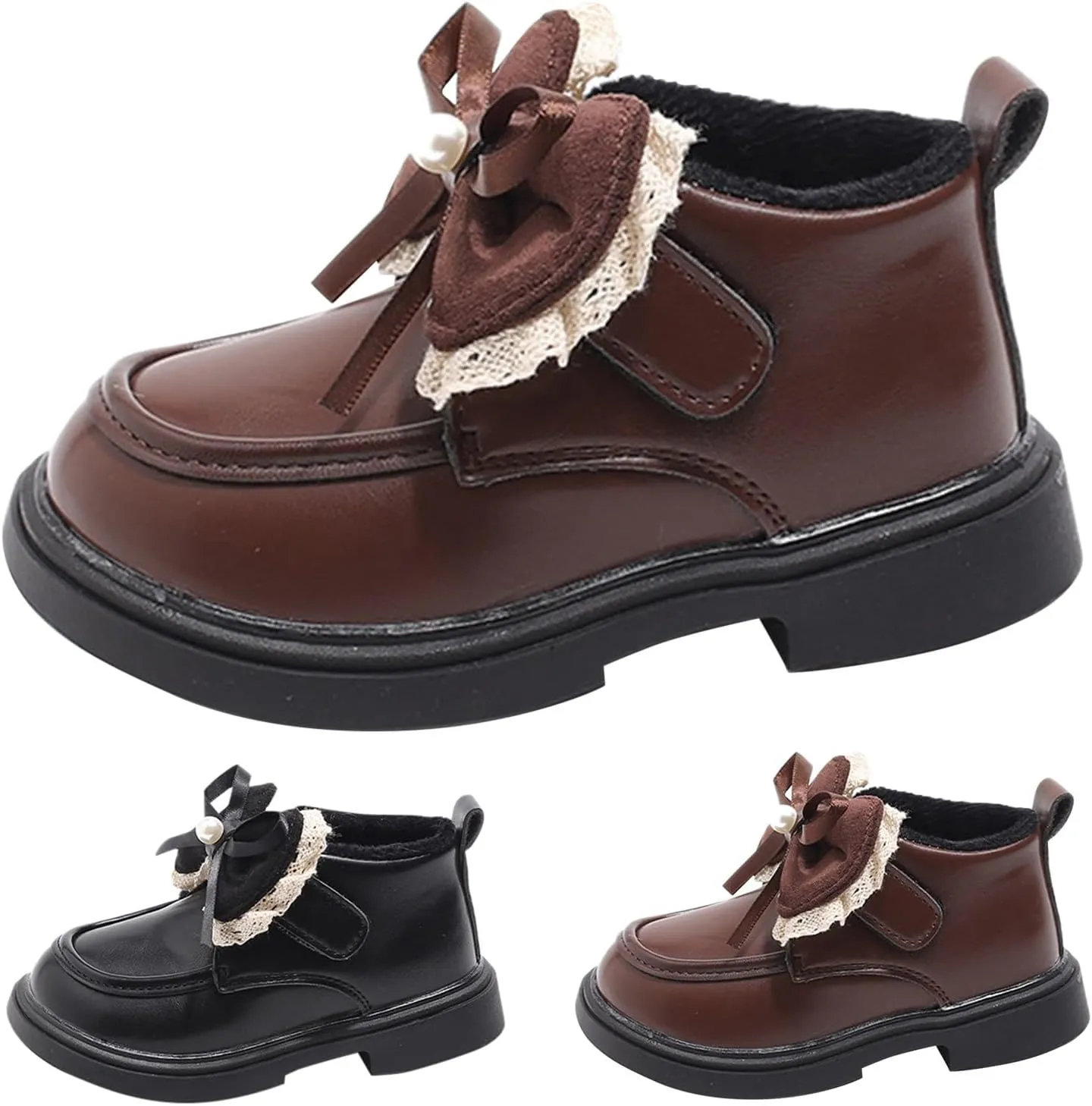 Little Girls Winter Cute Bowknot Short Dress Boot Princess Low Heel Anti Slip Comfortable Fashion Leather Shoes