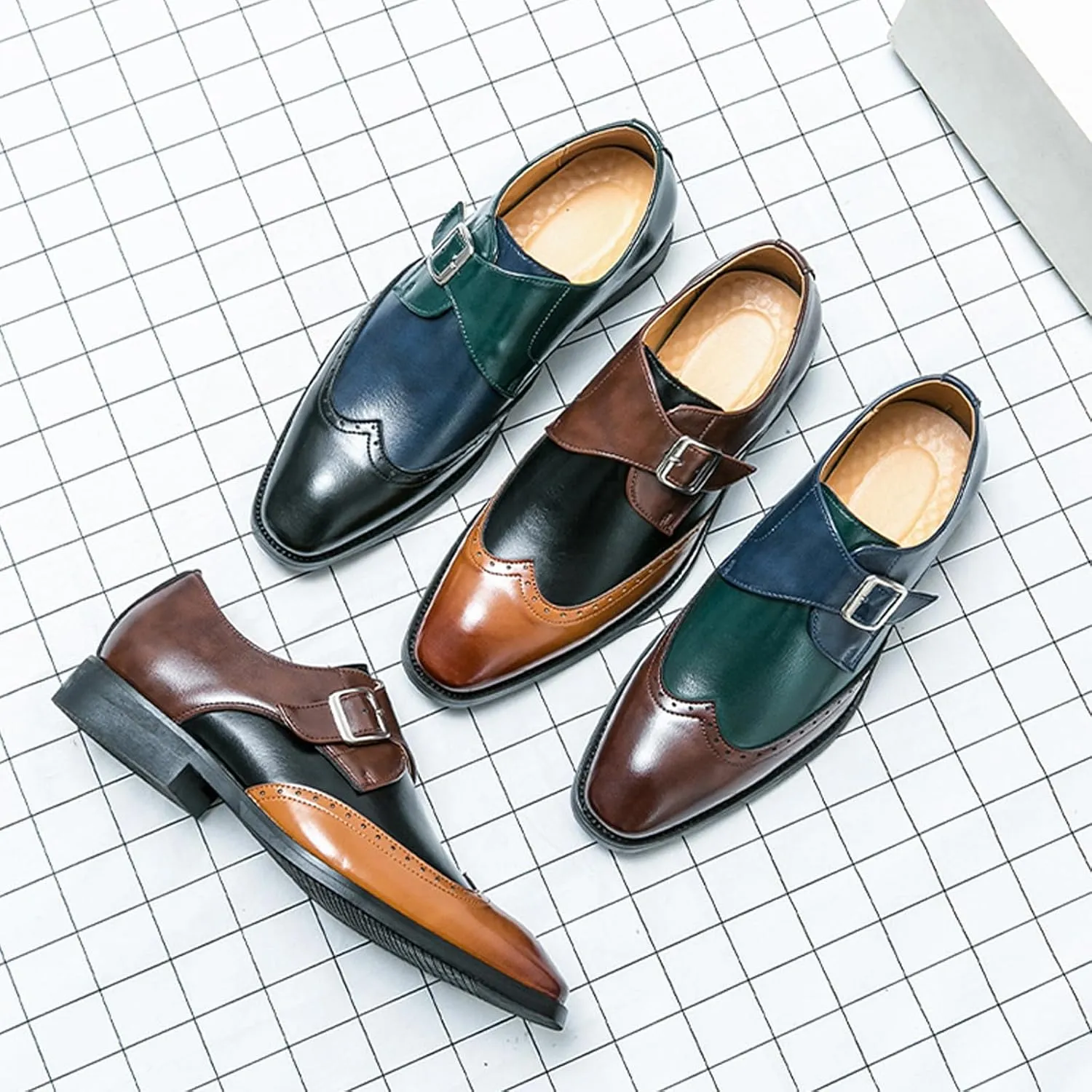 Men's Bullock Monk Strap Oxford Dress Shoes Classic Pointed Toe Luxury Derby Casual Shoes for Office Work Business Fashion