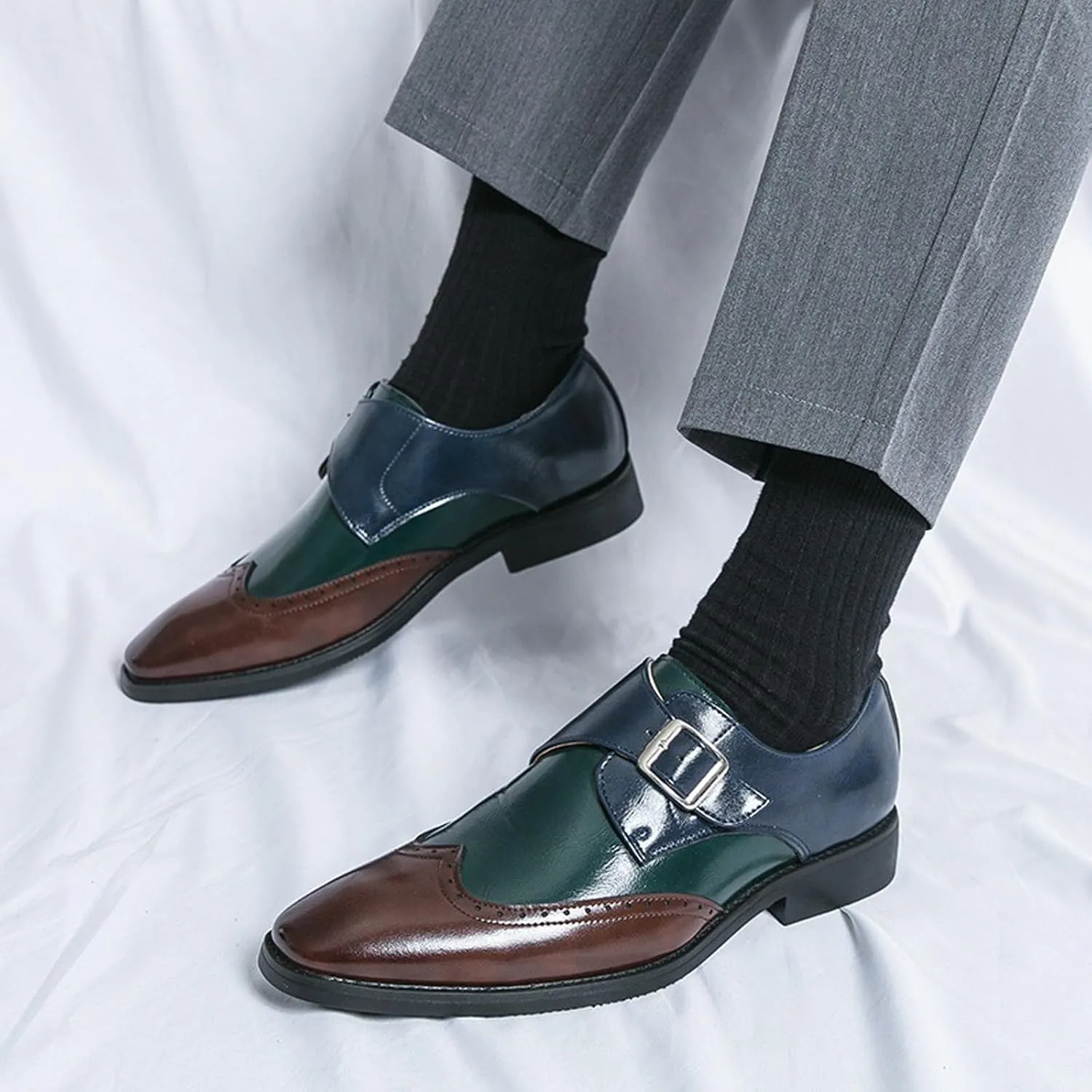 Men's Bullock Monk Strap Oxford Dress Shoes Classic Pointed Toe Luxury Derby Casual Shoes for Office Work Business Fashion
