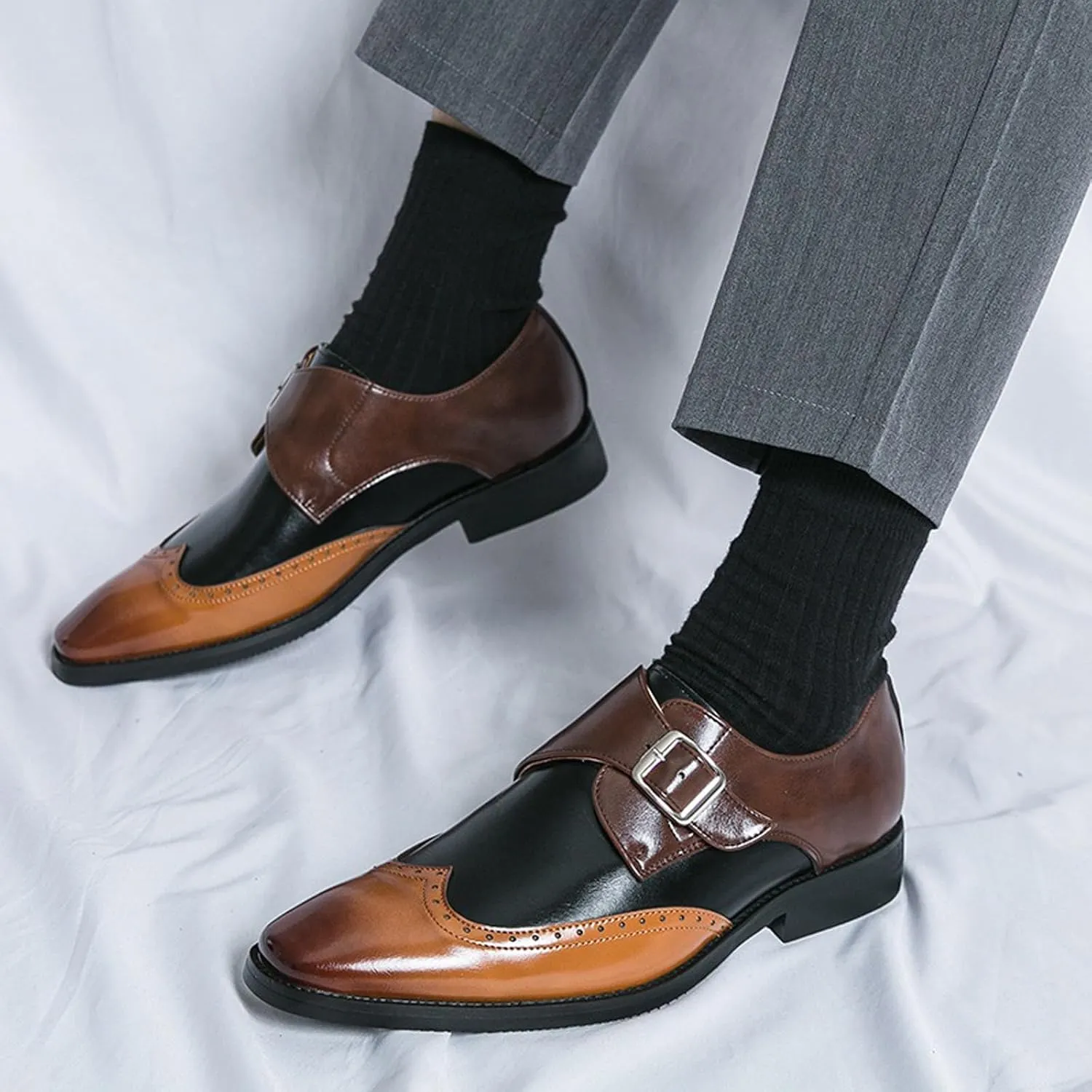 Men's Bullock Monk Strap Oxford Dress Shoes Classic Pointed Toe Luxury Derby Casual Shoes for Office Work Business Fashion