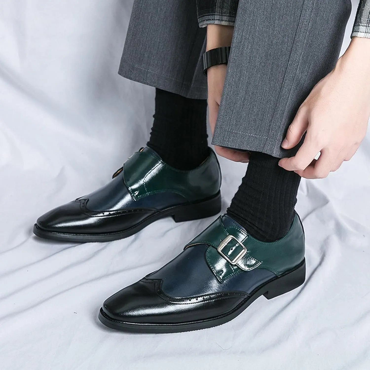 Men's Bullock Monk Strap Oxford Dress Shoes Classic Pointed Toe Luxury Derby Casual Shoes for Office Work Business Fashion