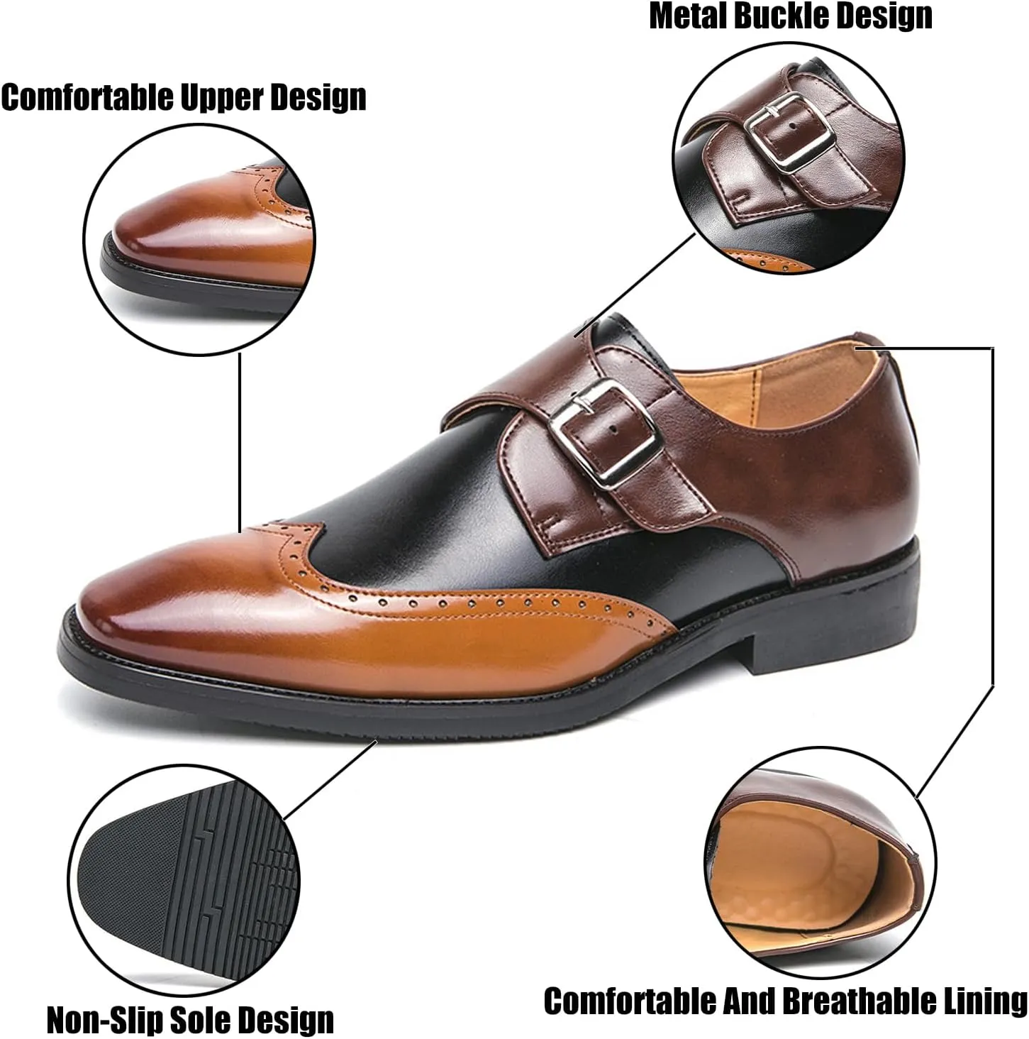 Men's Bullock Monk Strap Oxford Dress Shoes Classic Pointed Toe Luxury Derby Casual Shoes for Office Work Business Fashion