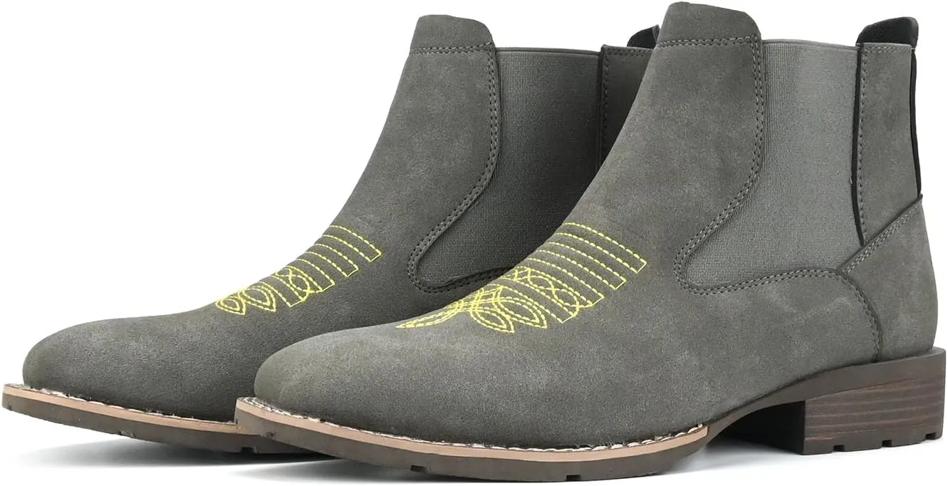 Men's cowboy boots square toe Chelsea boots waterproof classic elastic non-slip booties casual booties, tan matte leather, embroidered details.