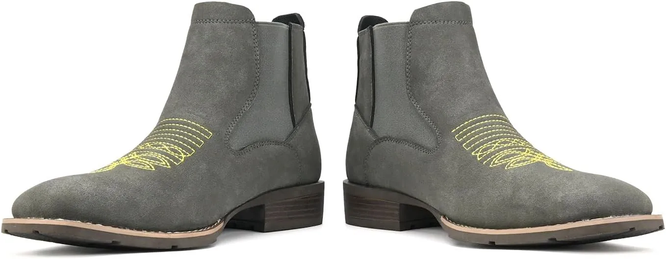 Men's cowboy boots square toe Chelsea boots waterproof classic elastic non-slip booties casual booties, tan matte leather, embroidered details.