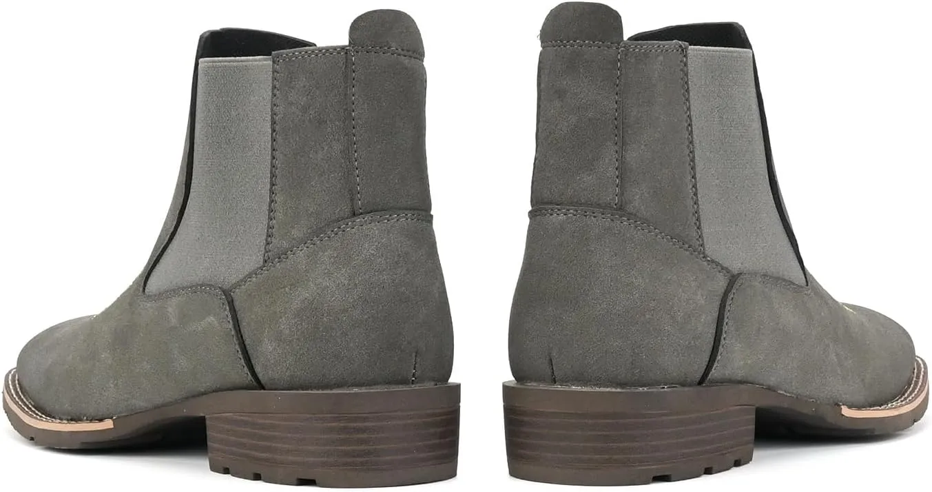 Men's cowboy boots square toe Chelsea boots waterproof classic elastic non-slip booties casual booties, tan matte leather, embroidered details.