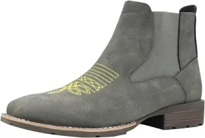 Men's cowboy boots square toe Chelsea boots waterproof classic elastic non-slip booties casual booties, tan matte leather, embroidered details.