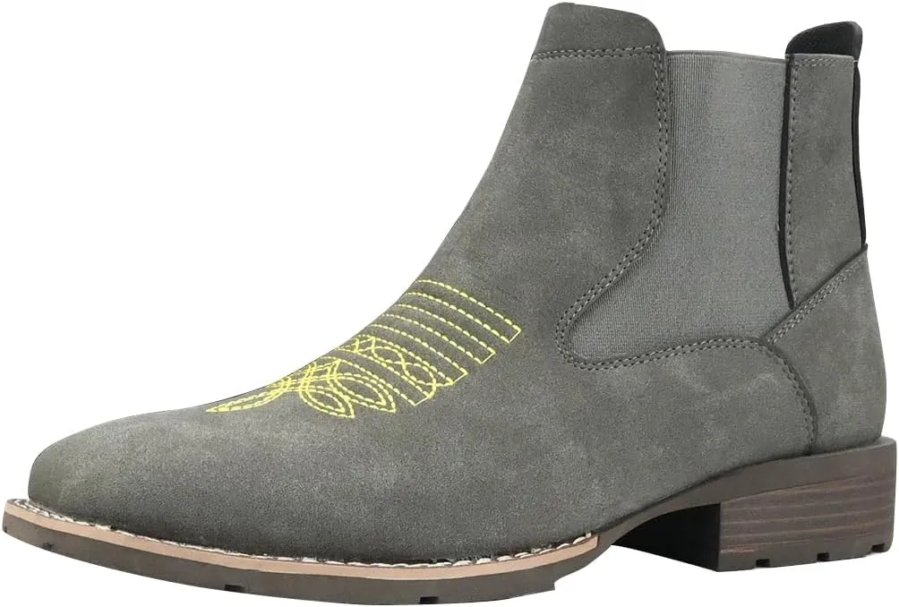 Men's cowboy boots square toe Chelsea boots waterproof classic elastic non-slip booties casual booties, tan matte leather, embroidered details.