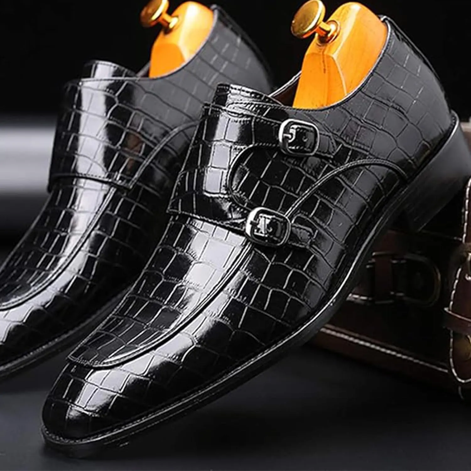 Mens Double Monk Strap Slip On Dress Loafers Leather Oxford Formal Business Casual Comfortable Wedding Shoes