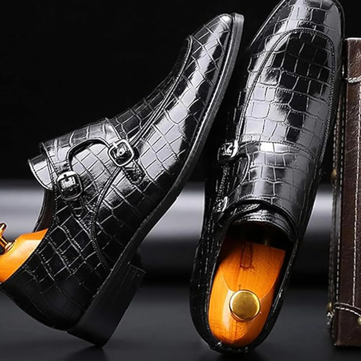 Mens Double Monk Strap Slip On Dress Loafers Leather Oxford Formal Business Casual Comfortable Wedding Shoes