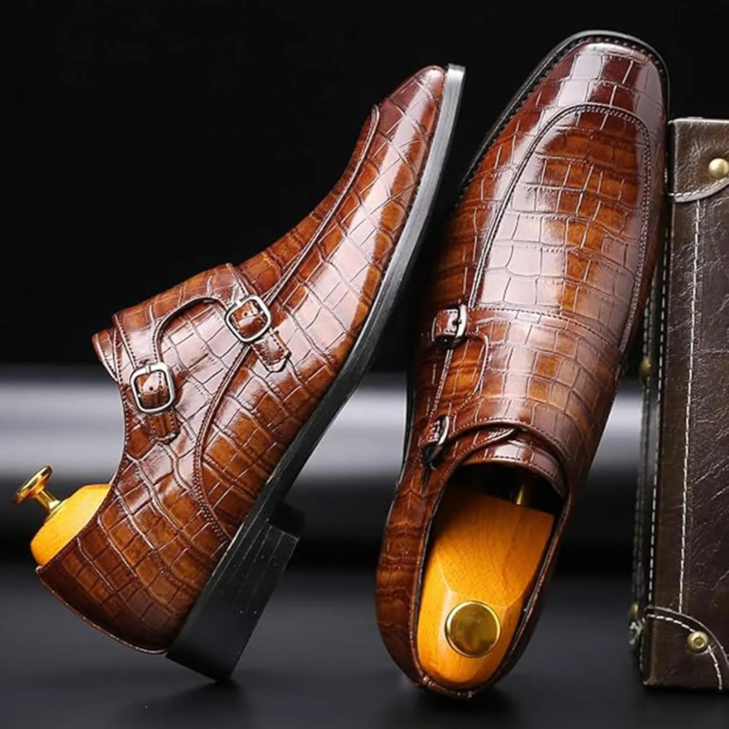 Mens Double Monk Strap Slip On Dress Loafers Leather Oxford Formal Business Casual Comfortable Wedding Shoes