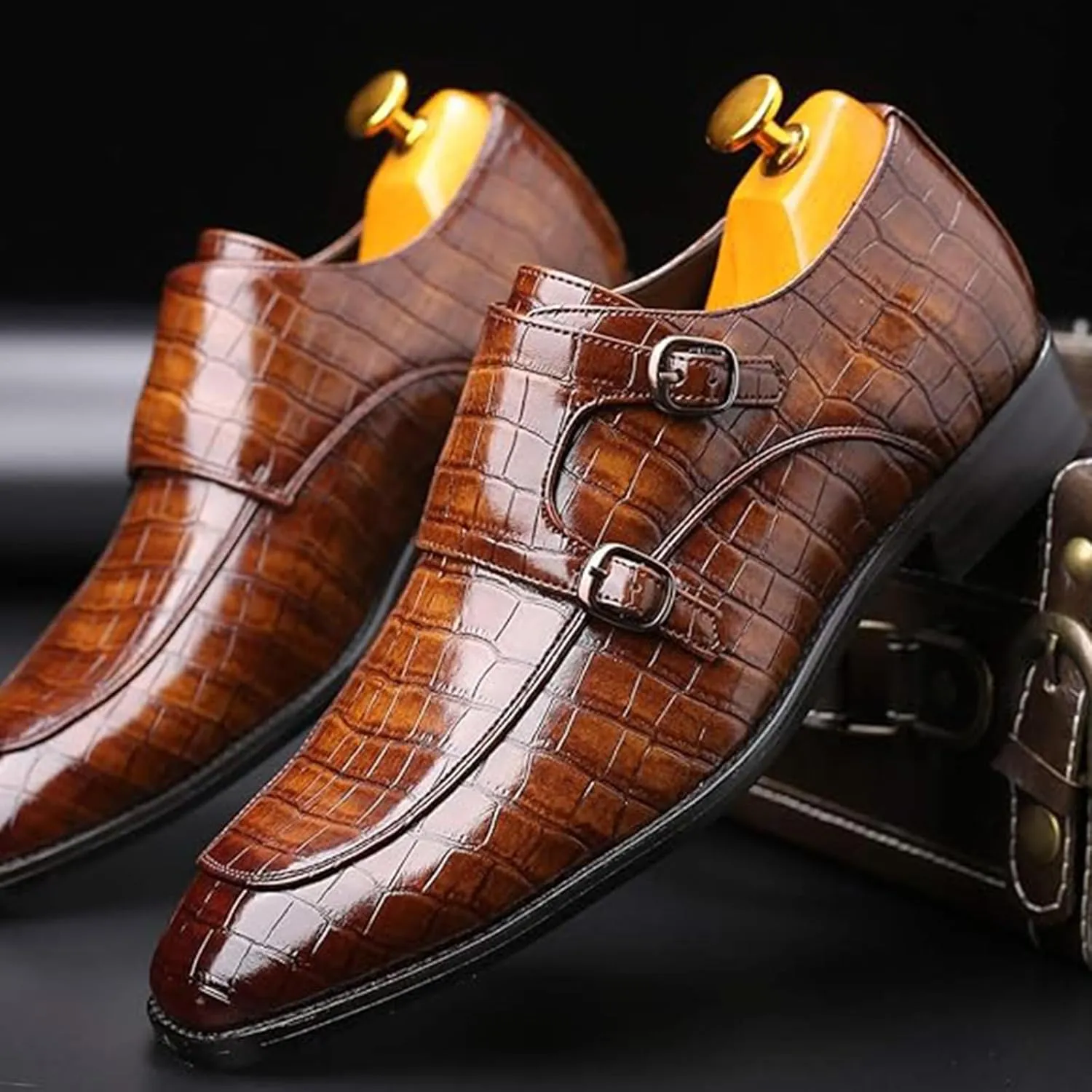 Mens Double Monk Strap Slip On Dress Loafers Leather Oxford Formal Business Casual Comfortable Wedding Shoes